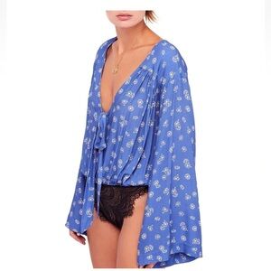 Free People Forties Feels Blue Floral Print Top Bell Sleeve Bodysuit Boho